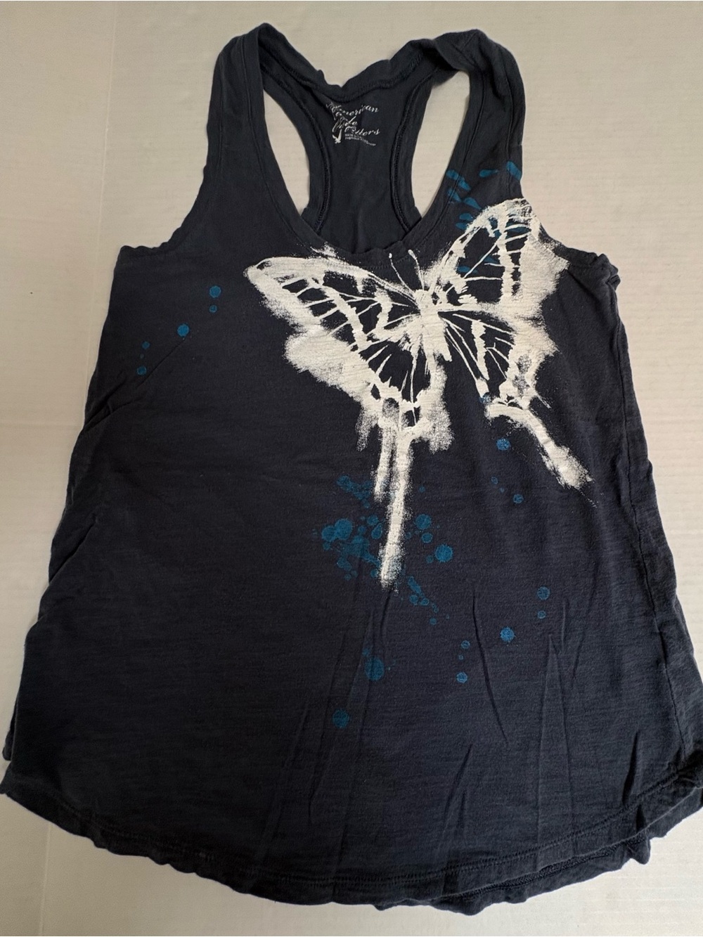American Eagle Outfitters Blue Tank with White Butterfly and Blue Spot Accents S